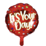 Red foil balloon with "It's Your Day!" text and confetti stars