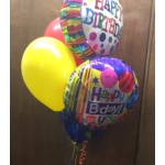 Cluster of birthday balloons including a yellow balloon and printed foil balloons
