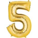 Gold foil balloon shaped like the number 5