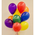 Cluster of colorful balloons against a plain background
