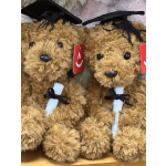 Two teddy bears wearing graduation caps and holding diplomas