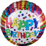 Round birthday balloon with colorful "HAPPY BIRTHDAY" text