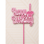 Pink and white happy birthday cake topper on a stick