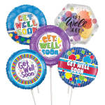 Five colorful get well soon balloons on sticks