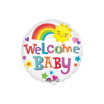 Round balloon with rainbow and "Welcome Baby" text