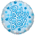 Round blue foil balloon reading Baby Boy