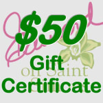 Fifty dollar floral shop gift certificate graphic with green text over pale orchid illustration