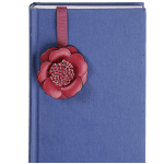 Blue book with a red flower bookmark ribbon