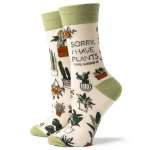 Pair of plant-themed socks with the text "Sorry, I have plants this weekend"