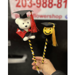 Two graduation-themed teddy bear toppers on striped sticks