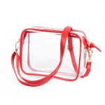 Clear rectangular handbag with red trim and strap