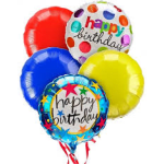 Cluster of colorful birthday balloons with printed messages