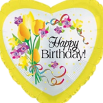 Heart-shaped yellow and white birthday balloon with illustrated flowers and ribbons