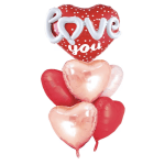 Heart-shaped balloons spelling "love you" in red, pink, and white