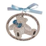Teddy bear ornament with a blue ribbon bow and engraved prayer text