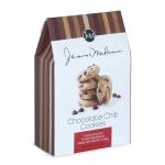 Box of chocolate chip cookies with a striped brown-and-white package