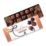 Box of assorted milk and dark chocolates with the lid partly open