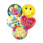 Cluster of colorful birthday balloons with smiley and heart shapes