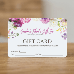 Floral gift card with pink and purple blossoms around the border