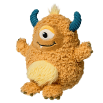 Plush one-eyed monster toy with blue horns and a fuzzy tan body