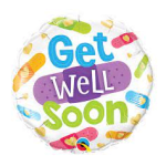 Round balloon with colorful bandage graphics and the words Get Well Soon
