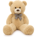 Large beige teddy bear with a checkered bow