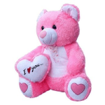Pink teddy bear holding a heart with "I love you" text