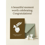 Congratulations card with white orchid flowers and a duck vase illustration