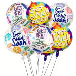 Cluster of colorful get well soon balloons with printed messages