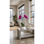 Potted purple orchids in a white planter on a concrete table