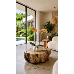 Potted orchid arrangement with peach blooms on a sculptural table