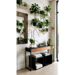 Indoor display of potted plants and white orchids on shelves and a console table.