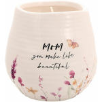 Cream candle holder with butterfly and floral print and "Mom you make life beautiful" text