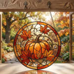Round stained-glass pumpkin hanging in front of an autumn background