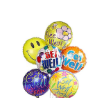 Cluster of colorful get well balloons with smiley faces and floral designs
