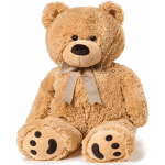 Large tan teddy bear with a ribbon bow
