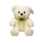 Cream teddy bear with a green ribbon and blank tag