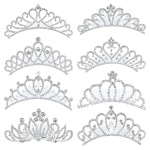 Set of six silver rhinestone tiaras on a white background