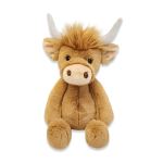 Plush highland cow stuffed animal with tan fur and white horns