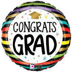 Round graduation balloon with "Congrats Grad" text and colorful stripes
