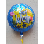 Round blue foil balloon with "Get Well" text and smiling stars