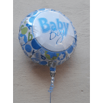 Blue and white baby boy foil balloon with a ribbon tail
