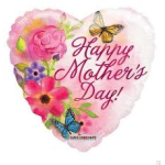 Heart-shaped balloon with pink flowers and "Happy Mother's Day" text