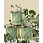 Three eucalyptus mint candles with eucalyptus branches