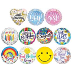 Assorted round and heart-shaped foil balloons with messages like Happy Birthday and Get Well Soon.