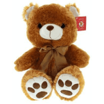 Brown teddy bear with a ribbon bow and paw-print feet