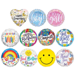 Assorted round foil balloons with occasion messages and a smiley face