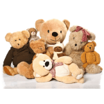Assorted teddy bears arranged together on a white background