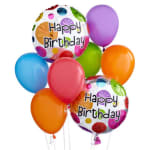 Birthday balloons in bright colors, including two printed foil balloons