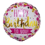 Round birthday balloon with pink and gold lettering